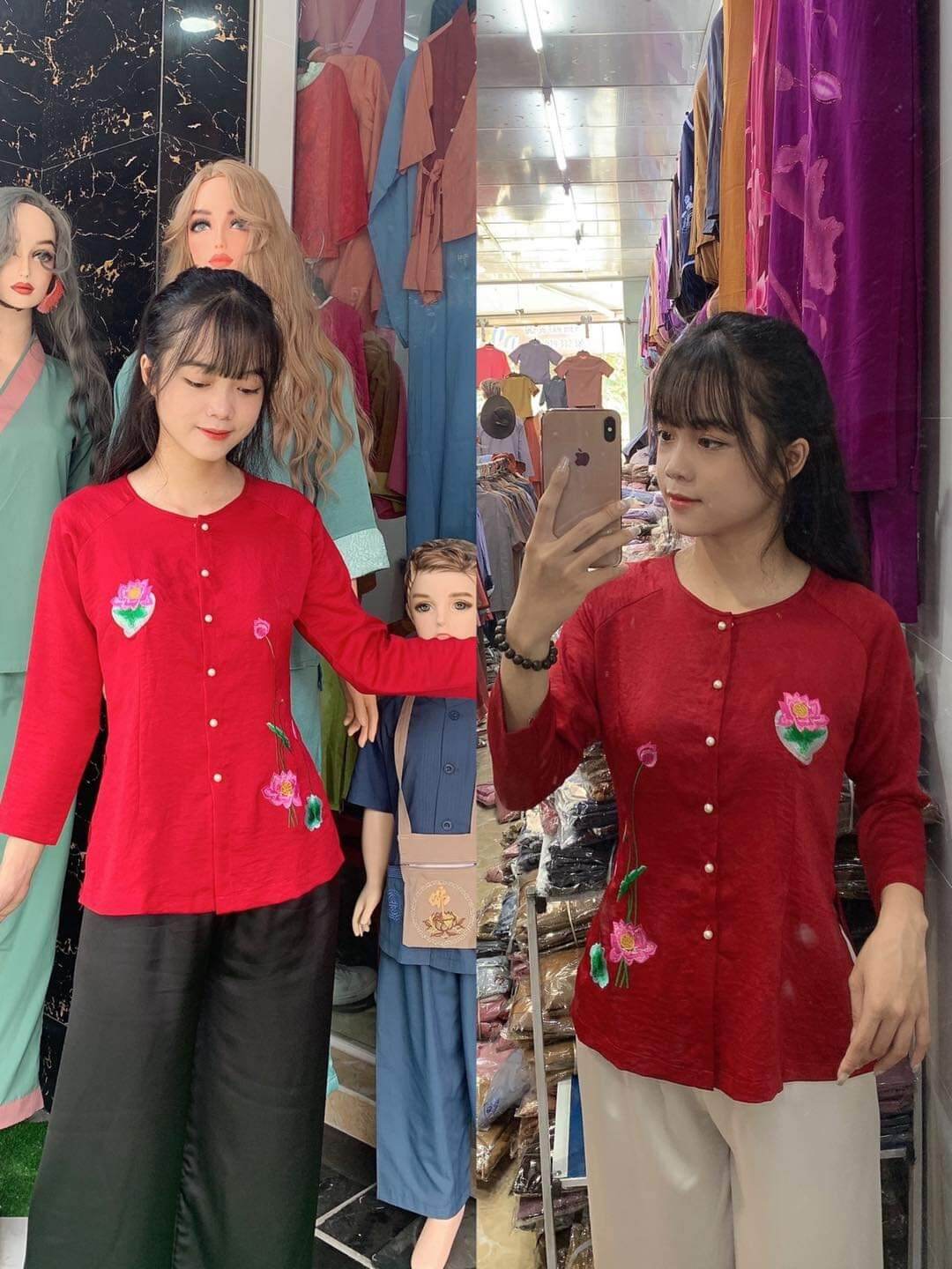 Bà ba vải lụa đi chùa bà ba (áo đỏ)