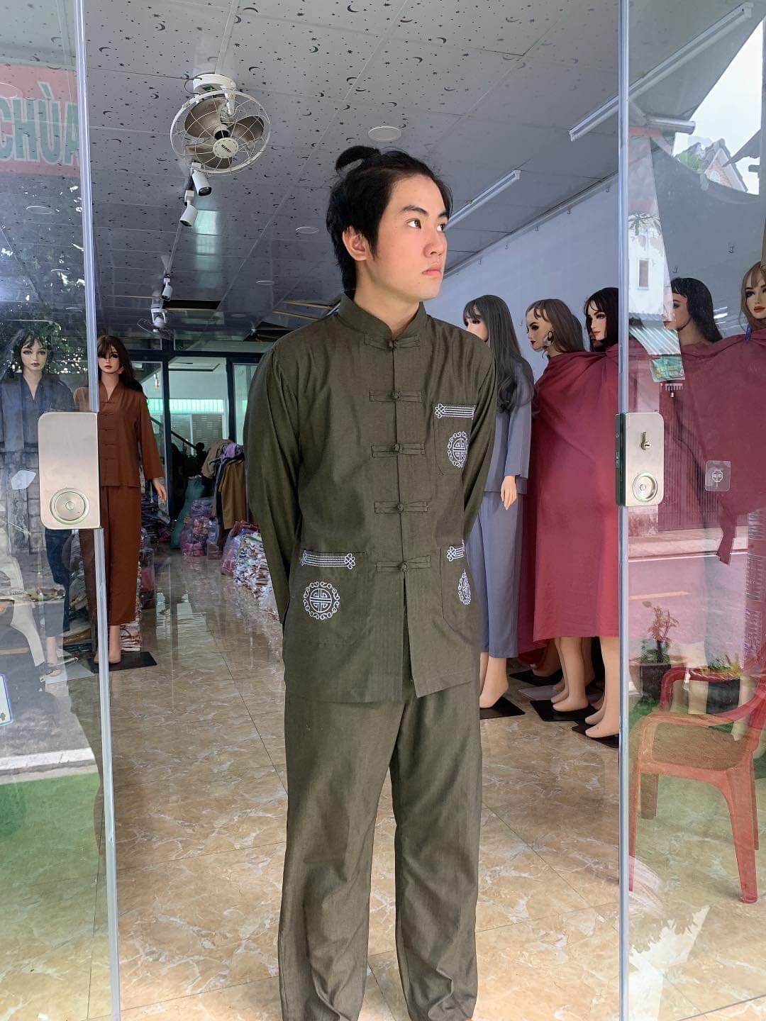 Bộ nam cao cấp linen cổ lãnh tụ (rêu)