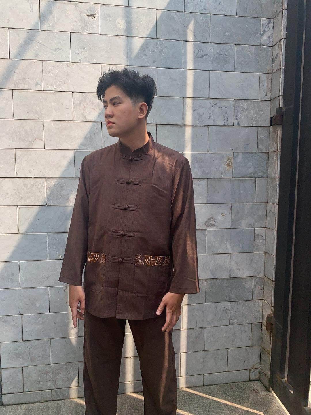 Bộ nam cao cấp linen cổ lãnh tụ (nâu)