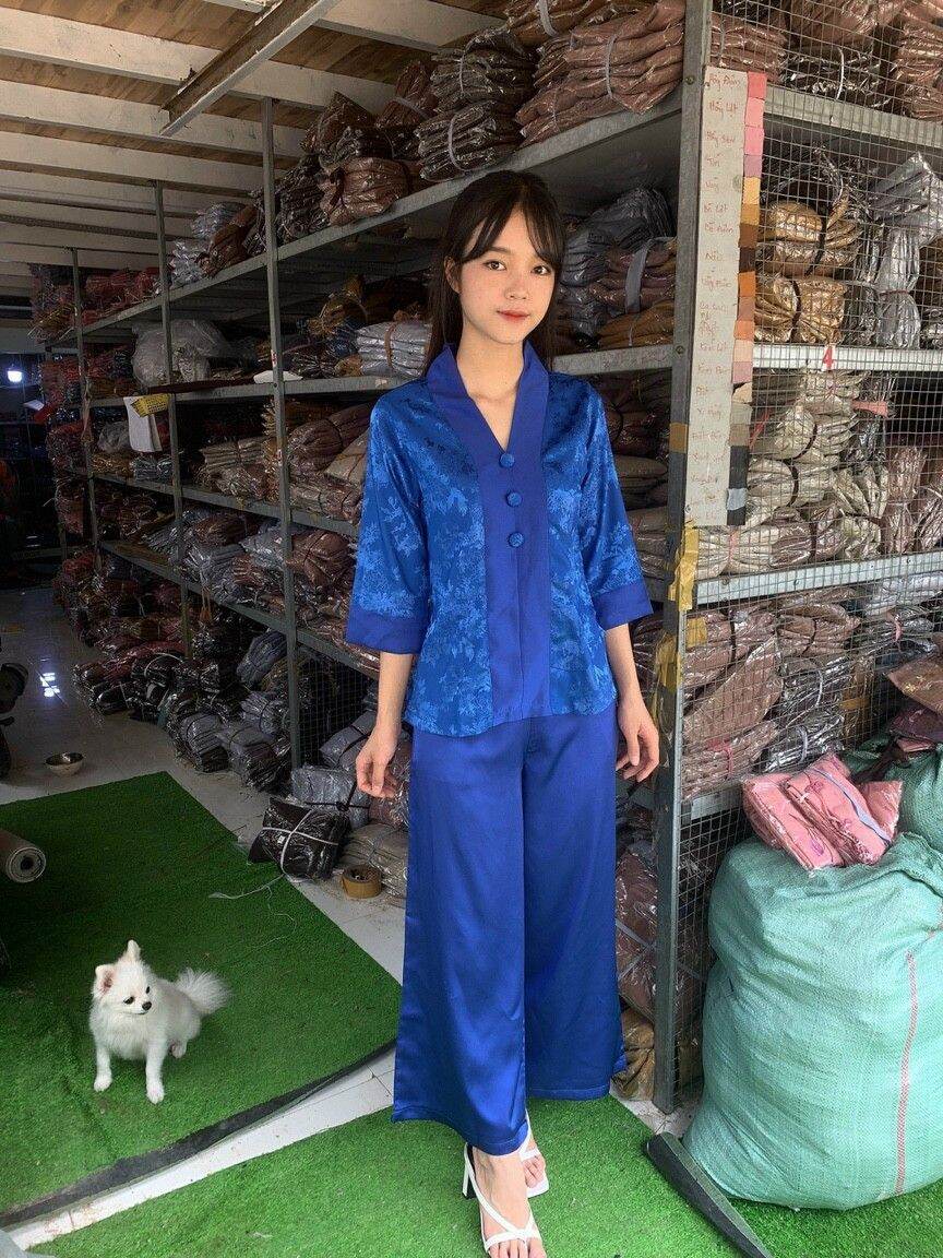 Đồ bộ đi chùa gấm cao cấp (xanh đen)