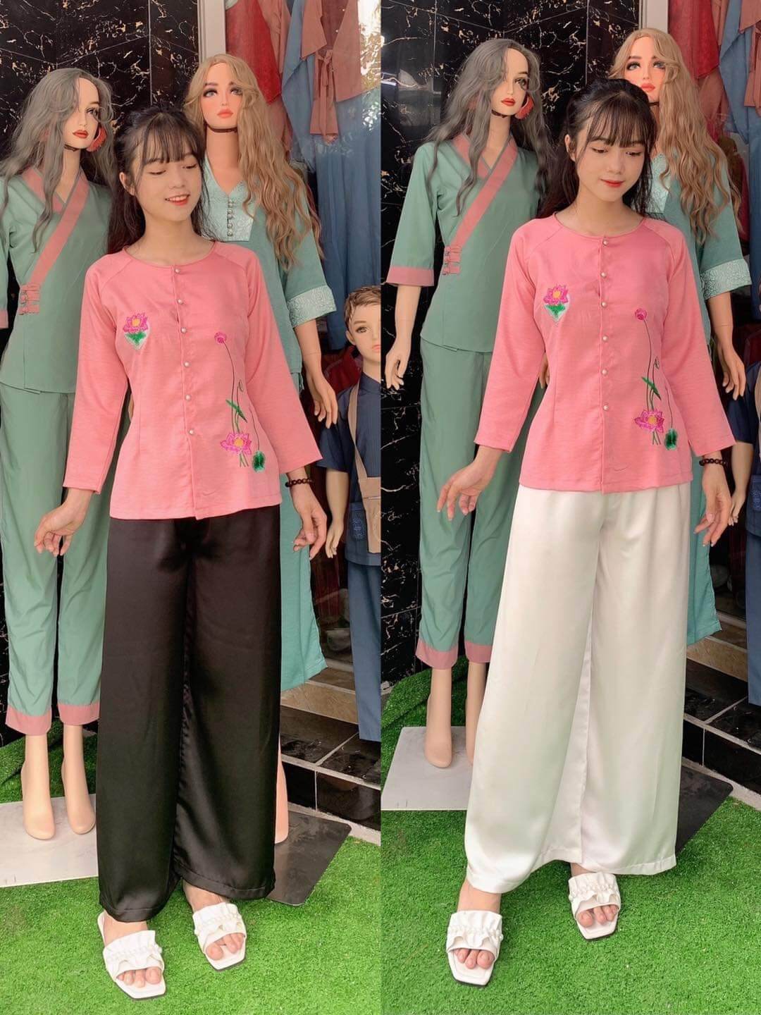 Bà ba vải lụa đi chùa (hồng vôi quần trắng)