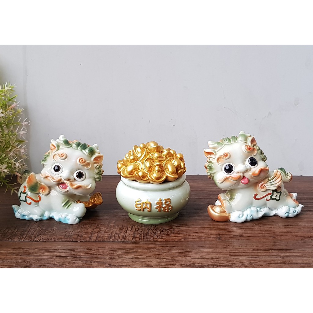 Cặp Kỳ Lân kèm chậu vàng - màu trắng