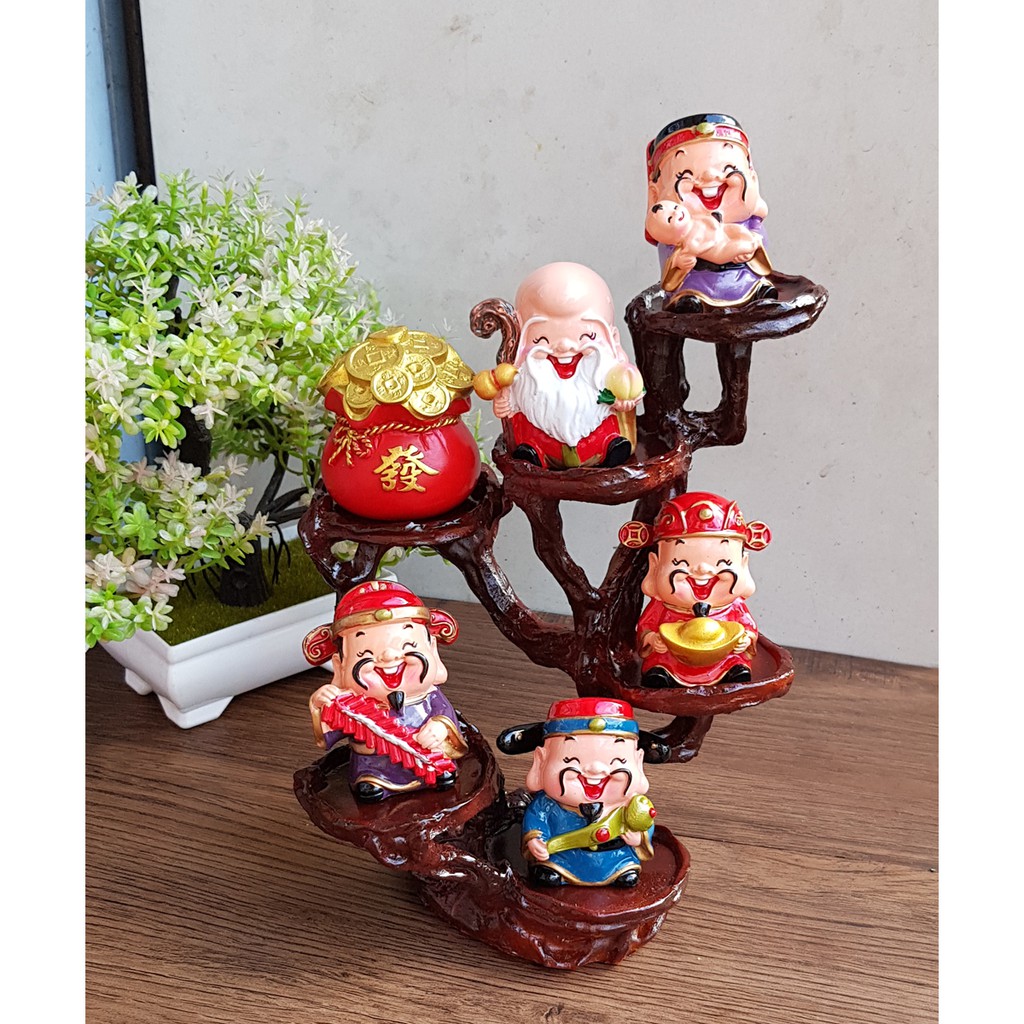Bộ tượng Ngũ Phúc cao cấp kèm túi vàng đỏ chữ PHÁT và chân đế đứng 6 ô