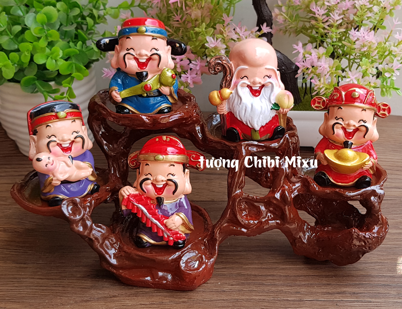  Bộ tượng Ngũ Phúc Lâm Môn 6cm kèm chân đế ngang 5 ô