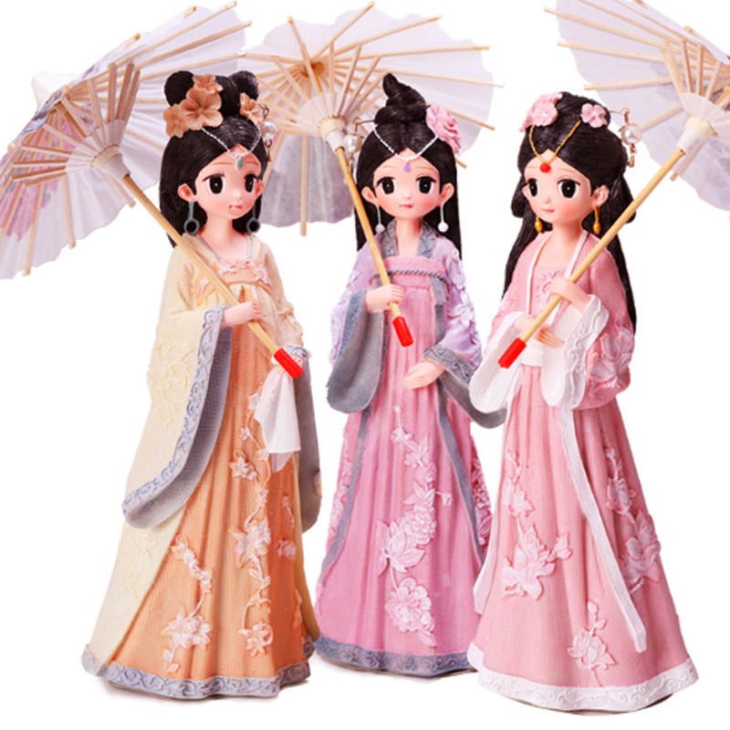 Tượng chibi thiếu nữ cổ trang che ô 3D
