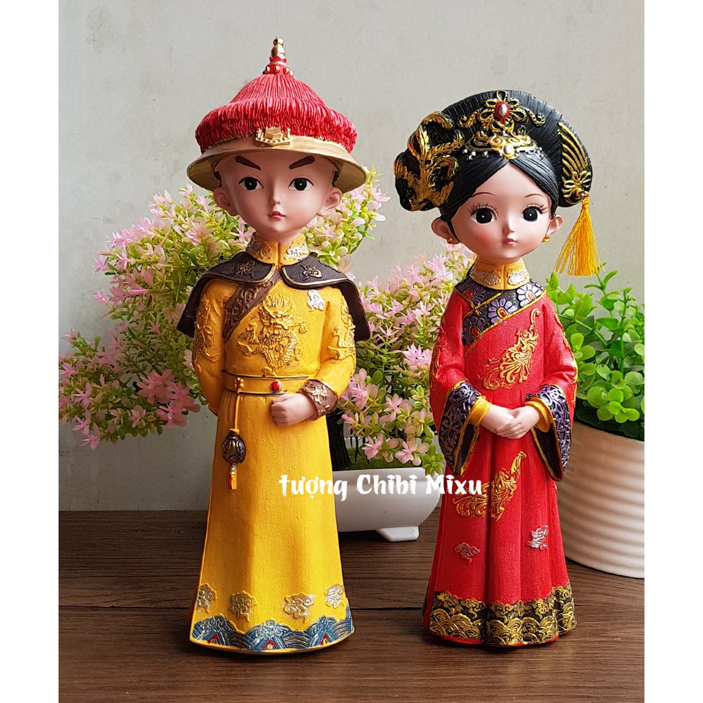 Bộ 02 tượng Hoàng Thượng và Hoàng Hậu size 18cm cổ trang 3D sinh động