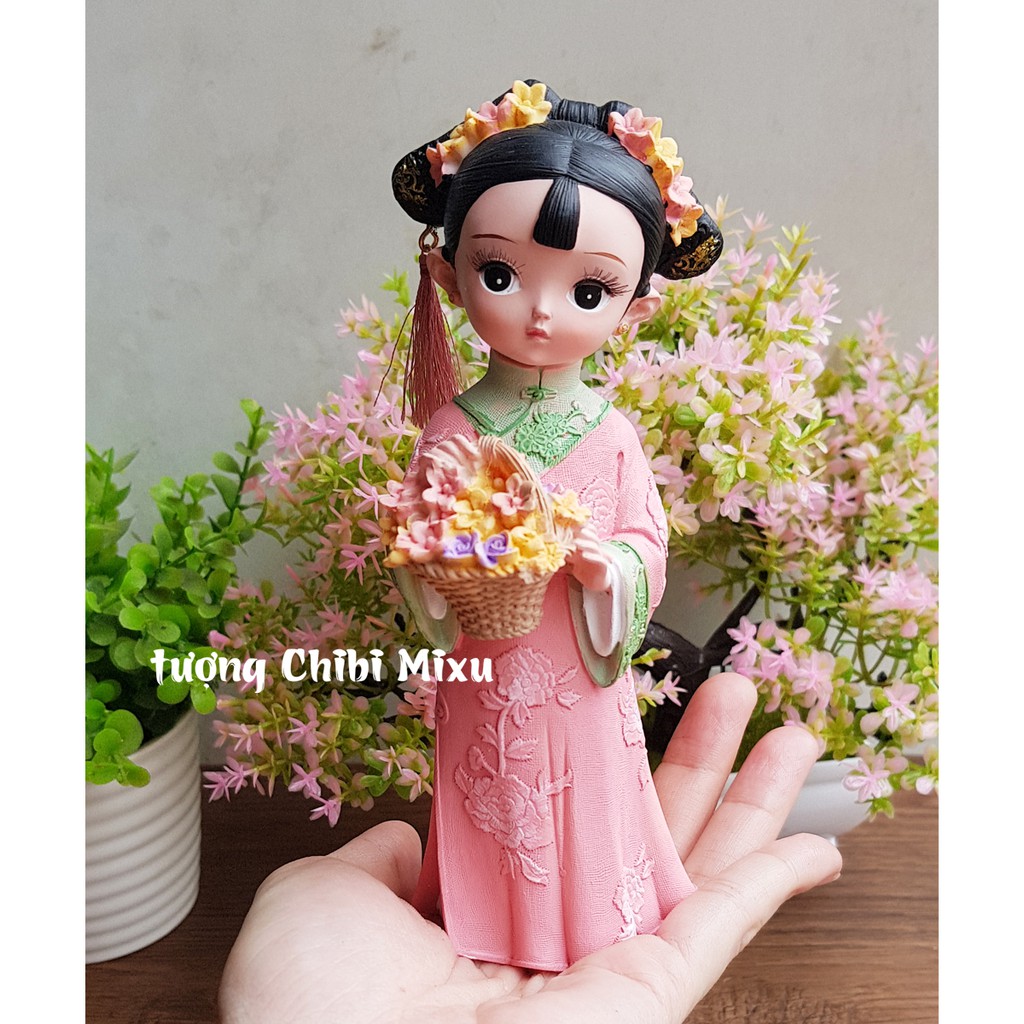 Tượng chibi thiếu nữ ôm giỏ hoa cổ trang 3D