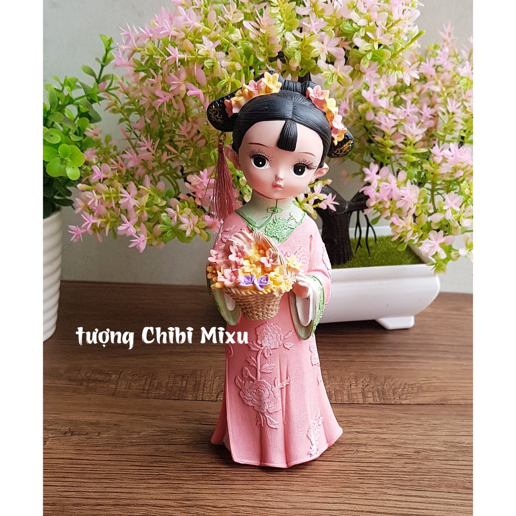 Tượng chibi thiếu nữ ôm giỏ hoa cổ trang 3D