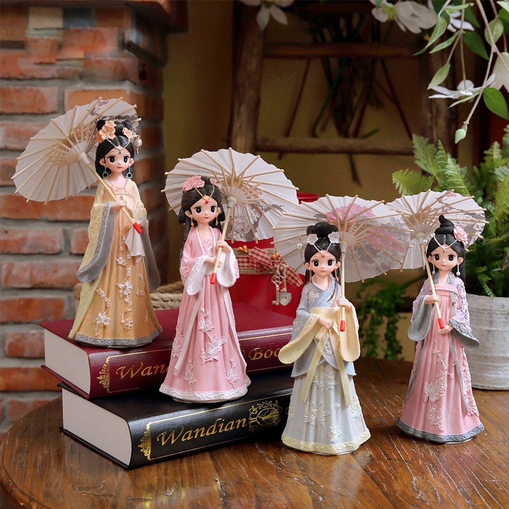 Tượng chibi thiếu nữ cổ trang che ô 3D