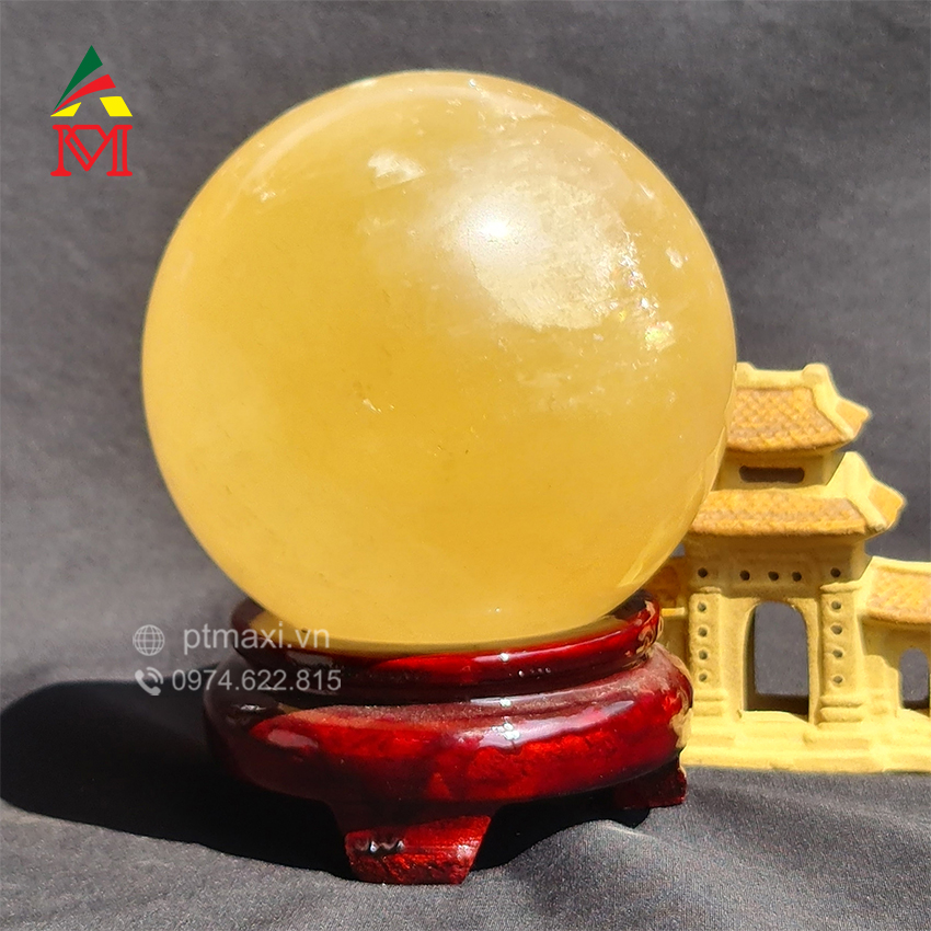 Quả Cầu Đá Thạch Anh Vàng Canxit 15Cm