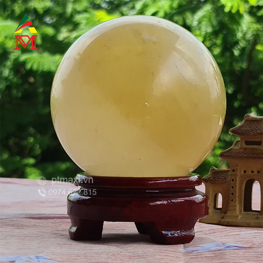 Quả Cầu Đá Thạch Anh Vàng Canxit 15Cm