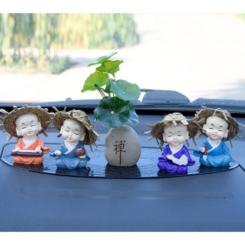 Bộ 04 tượng Cầm Kỳ Thi Họa đội nón rơm kèm chậu cây trang trí