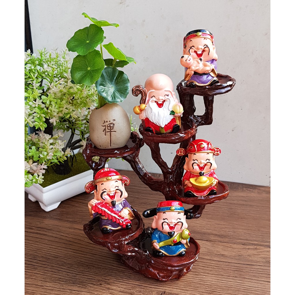 Bộ tượng Ngũ Phúc kèm chậu cây và chân đế đứng 6 ô