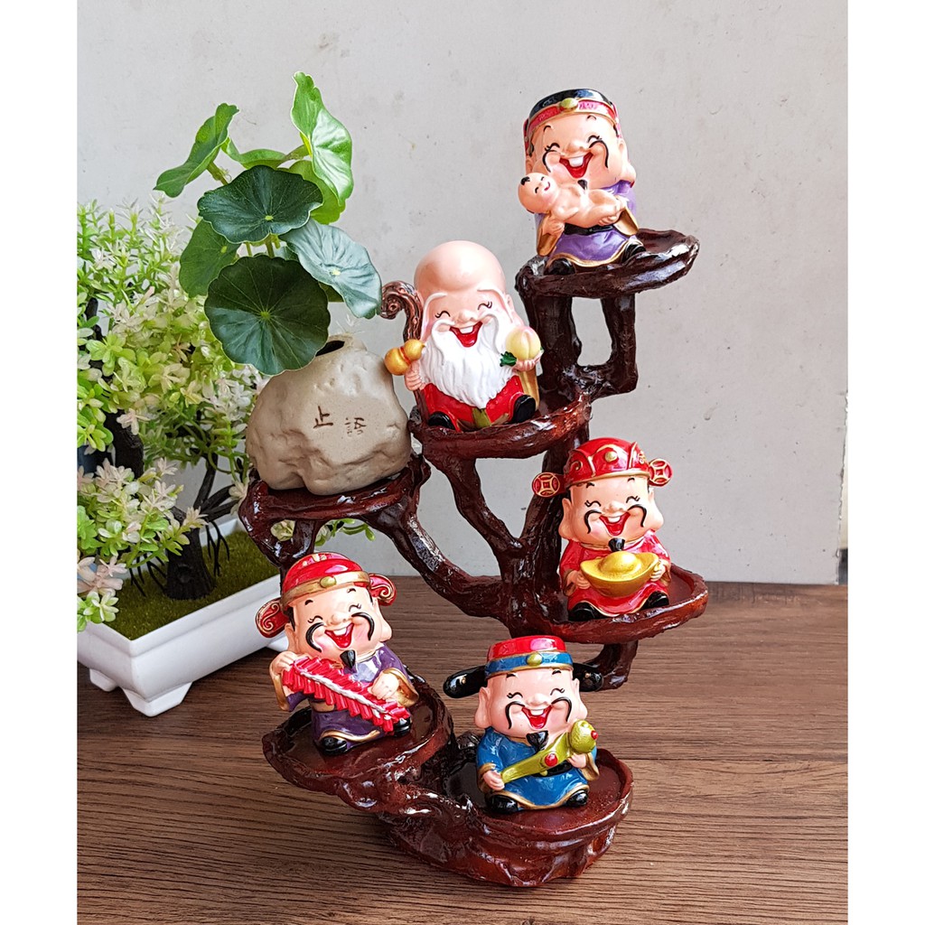 Bộ tượng Ngũ Phúc kèm chậu cây và chân đế đứng 6 ô