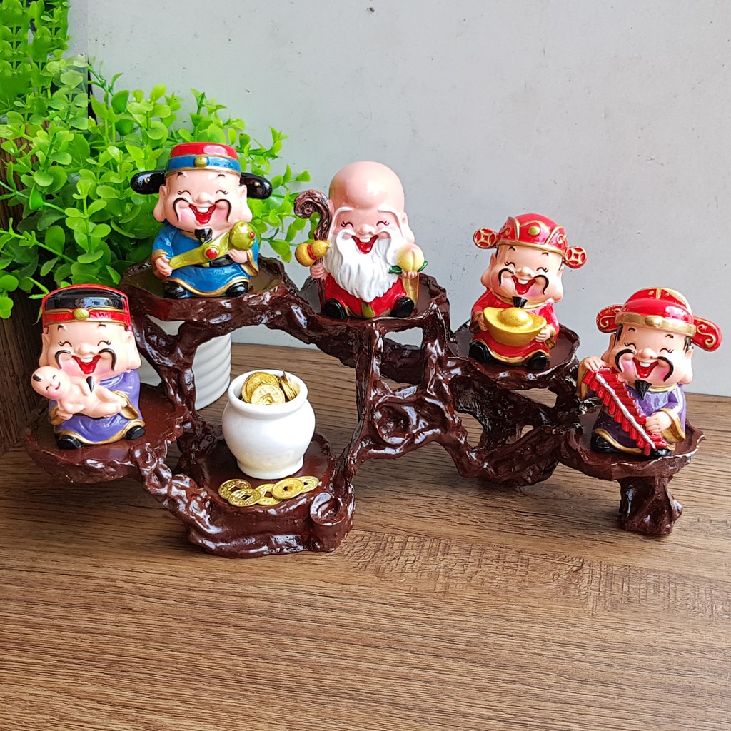 Bộ tượng Ngũ Phúc 6cm + hủ xu vàng + chân đế ngang 6