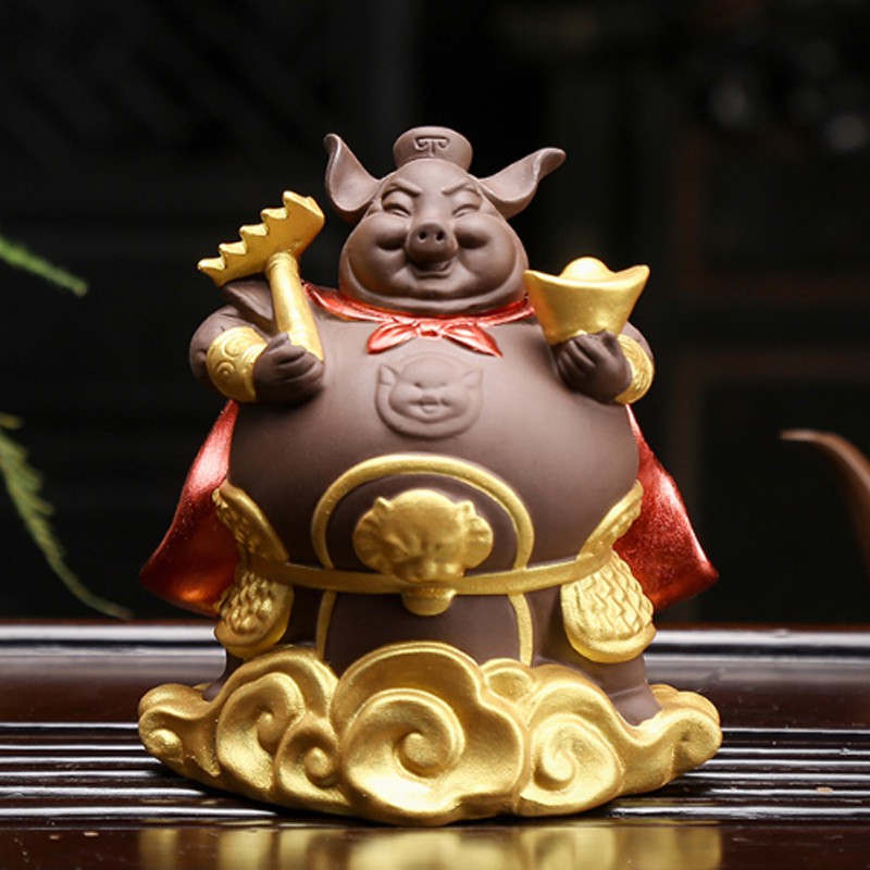 Tượng Thiên Bồng Nguyên Soái gốm tử sa nâu 10cm