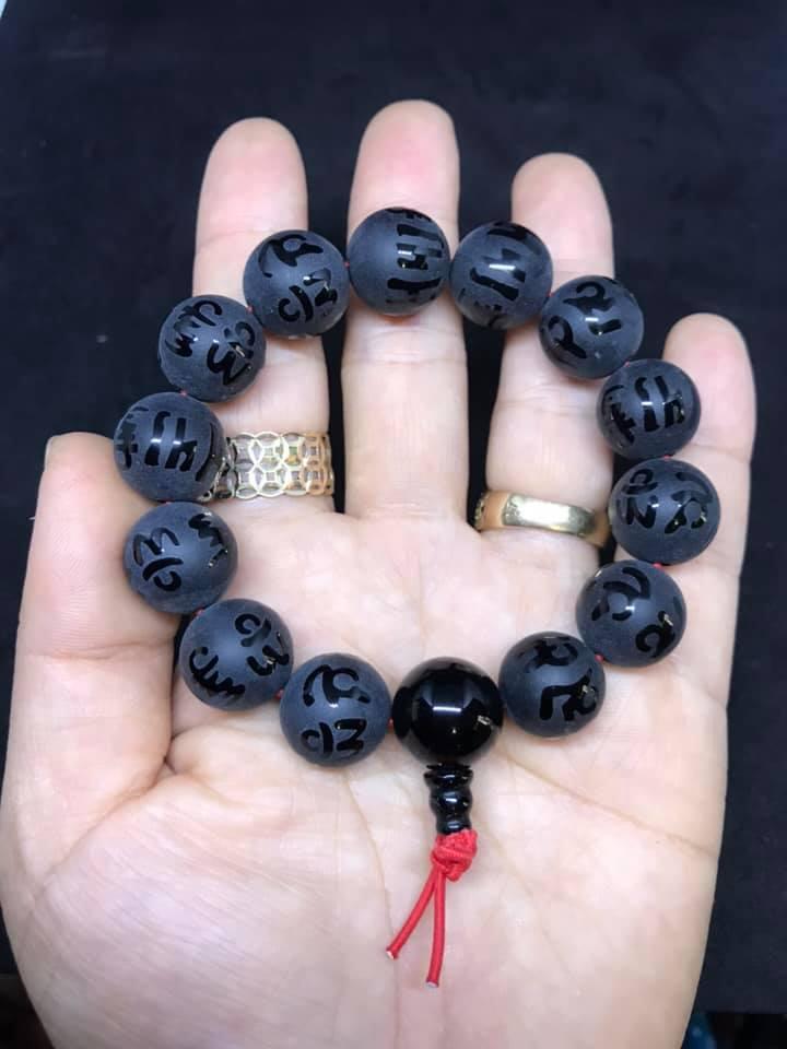 Vòng tay mã não đen khắc Chú Đại Bi 14ly