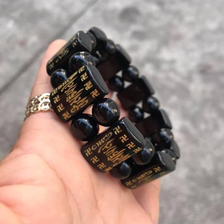 Vòng tay mã não đen bản dẹp khắc kinh Phật