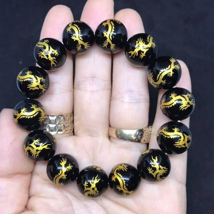 Vòng tay mã não đen chạm rồng 14ly