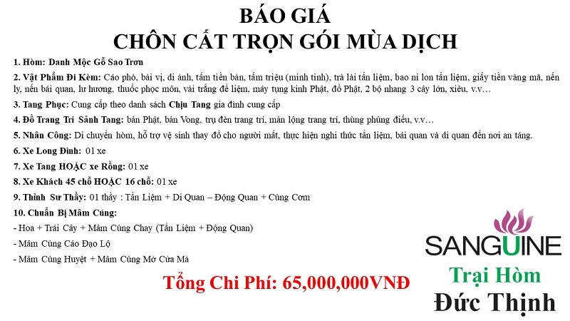 Bảng giá chôn cất trọn gói tiêu chuẩn