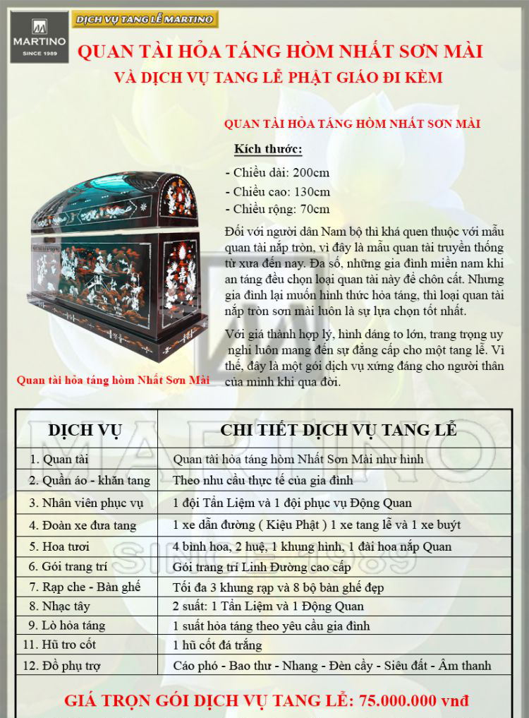 Gói hoả táng hòm Nhất Sơn Mài