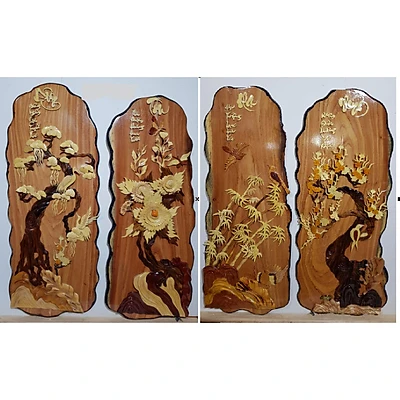 Tranh gỗ thư pháp - Tùng cúc trúc mai