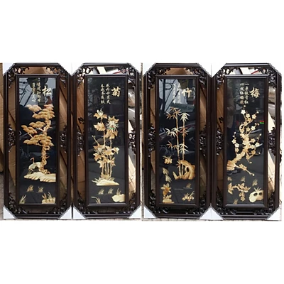 Tranh ghép lá - Tùng cúc trúc mai (khung đen)