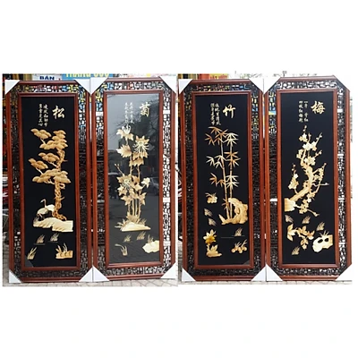 Tranh ghép lá - Tùng cúc trúc mai (khung nâu)