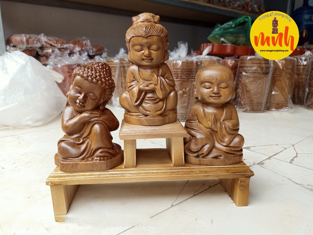 Bộ Tượng Tam Phật Mini Gỗ Bách Xanh