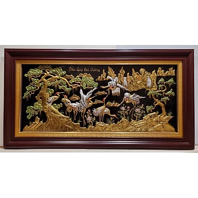 Tranh đồng vàng nguyên chất-Song tùng bát hạc-A054