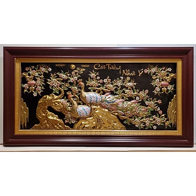 Tranh đồng vàng liền tâm - Đôi Chim Công-A060