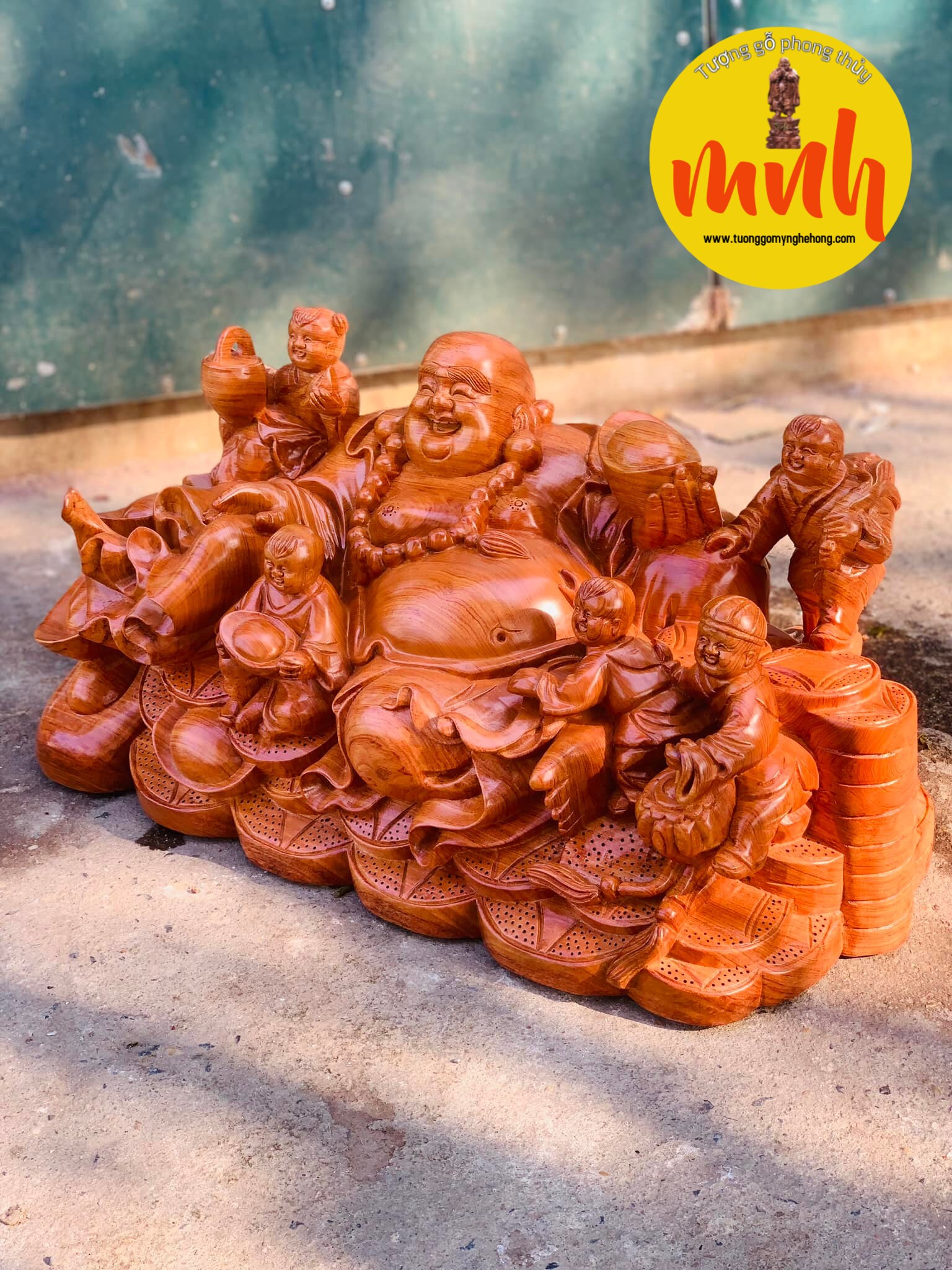 Tượng Phật Di Lặc Ngũ Phúc Hoan Hỷ Gỗ Hương Đá