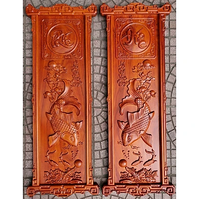 Tranh gỗ hương ván đục nổi-Lý Ngư Vọng Nguyết-TG172 