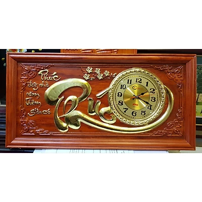 Tranh gỗ hương gắn đồng hồ- Chữ Phúc
