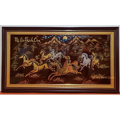 Tranh sơn mài đắp nổi-Bát mã toàn đồ