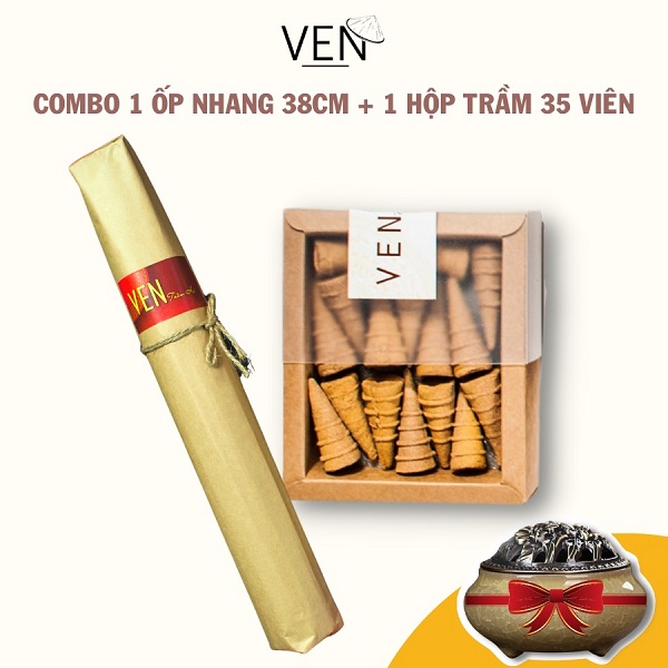 Bộ nhang trầm Huế xông nhà hương thơm nhẹ, an yên [1 hộp trầm 35 viên, 1 ốp nhang 38cm]